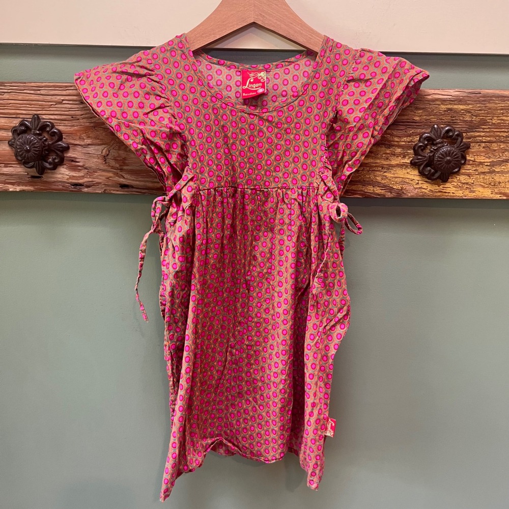 Lingam Barcelona Kids Pink Orange Geometric Cotton Flutter Sleeve Tunic Dress S